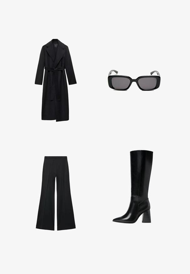 Sort uldblanding lang frakke med bælte i taljen, brede klapper og lange ærmer. Har et rent, minimalistisk design og en afslappet silhuet.; Sort rullekravesweater lavet af blødt stof, med lange ærmer og en afslappet pasform, samt et rent, minimalistisk design.; Sorte brede bukser med en glat tekstur, der har fremadrettede folder og en skræddersyet design. Stofferne er lette og flerdimensionelle.; Knæhøje sorte læderstøvler med spids tå, glat tekstur og en chunky rillede hæl for stabilitet. Elegant design med minimale accenter.; Sorte rektangulære solbriller med mørke linser, glat plastikramme og buede stænger. Designet er klodset med en minimalistisk æstetik.