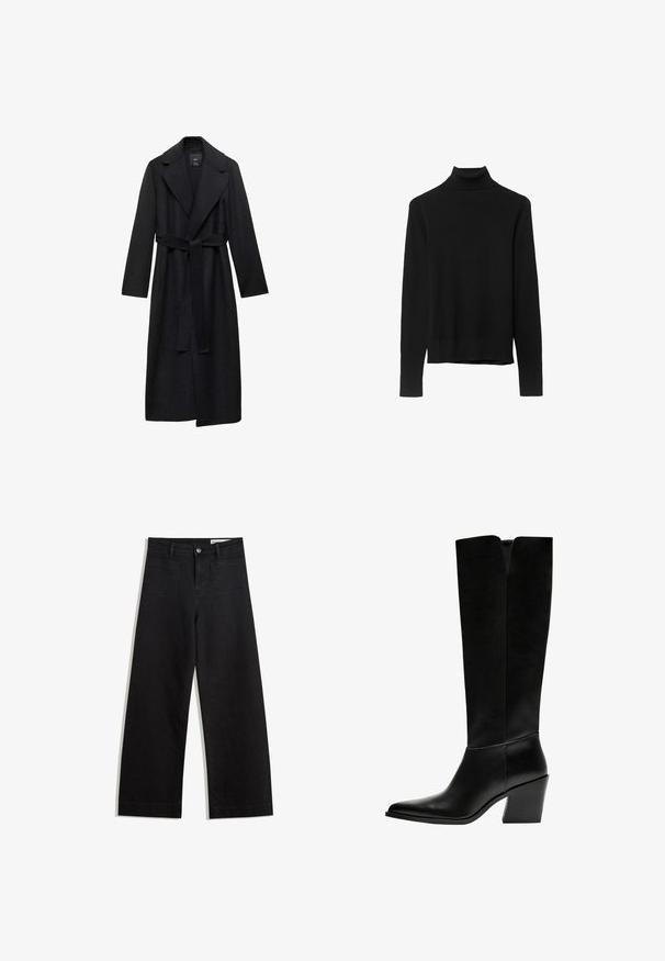 Schwarzer Wollmischung langer Mantel mit Taillengürtel, breiten Revers und langen Ärmeln. Verfügt über ein sauberes, minimalistisches Design und eine lockere Silhouette.; Schwarzer Rollkragenpullover aus weichem Strickstoff. Mit langen Ärmeln und einer engen Passform sowie einem geraden Saum.; Schwarze weit geschnittene Jeans mit hoher Taille, ausgestattet mit Vorder- und Hintertaschen, gesteppten Nähten und einem Knopfverschluss. Glatte Textur.; Schwarze kniehohe Stiefel aus glattem Leder, mit spitzem Schuhbund, einem Blockabsatz und einem V-förmigen Ausschnitt an der Oberseite.