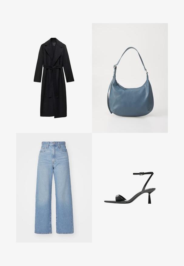 Sort uldblanding lang frakke med bælte i taljen, brede klapper og lange ærmer. Har et rent, minimalistisk design og en afslappet silhuet.; Sort tank top lavet af bomuld, med rund halsudskæring og brede armhuller. Glat tekstur med syede kanter. Klassisk, minimalistisk design.; Lyseblå højtaljede bukser med bred benåbning, med frontknap og lynlås, samt for- og baglommer, på en hvid baggrund.; Bershka Højhælede sandaletter / Højhælede sandaler - black; Blå læderhåndtaske med en rundt form, enkelt skulderstrop, lynlås lukning og præget brandnavn på fronten. Glat tekstur.