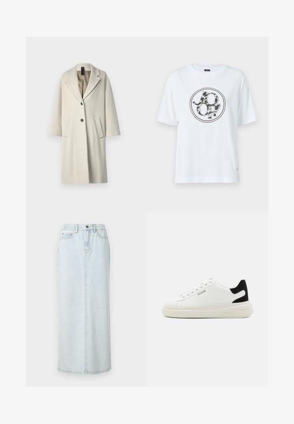 Lange, lichtgewicht witte jas van een wolmix. Heeft een geknipte revers, twee voorzakken en een enkele knoopsluiting. Glad textuur.; Witte katoenen t-shirt met een ronde grafische logo in een zwart en grijs dierenprint ontwerp. Korte mouwen en een relaxte fit.; Lichtblauwe denim maxi rok met een rechte snit, voorzijde met knopen en zichtbare stiksels. Bevat twee voorzakken.; Witte leren sneakers met een dikke witte zool, zwarte suède hielaccent en een geperst logo op de zijkant. Vetersluiting met zes oogjes.