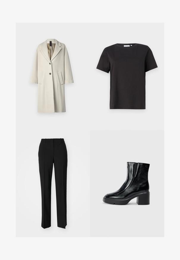 Lang, let hvid frakke i uldblanding. Har en spidse krave, to forlommer og en enkelt knaplukning. Glat tekstur.; Sort bomulds T-shirt med korte ærmer, rund halsudskæring og et enkelt, rent design. Ingen synlige mønstre eller udsmykninger.; Sorte skræddersyede bukser med lige ben-design, der har en glat tekstur og skarpe folder langs fronten. Ingen synlige hardware.; Sorte patenterede læderankelstøvler med en buet tå, elastiske sidepaneler og en kraftig blokhæl. Har et præget logo på bagsiden.