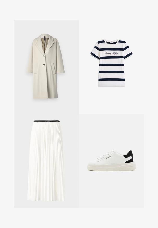 Cappotto lungo e leggero in misto lana. Caratterizzato da risvolto, due tasche frontali e chiusura a un bottone. Texture liscia.; T-shirt in cotone con righe orizzontali blu navy su sfondo bianco. "Tommy Hilfiger" ricamato in corsivo sul petto. Collo a giro.; Gonna bianca plissettata con elastico nero in vita che presenta il logo "LACOSTE". Design di lunghezza media con texture morbida.; Sneaker bianchi in pelle con suola spessa bianca, accento in suede nero sul tallone e logo impresso sul lato. Design con lacci e sei fori per i lacci.