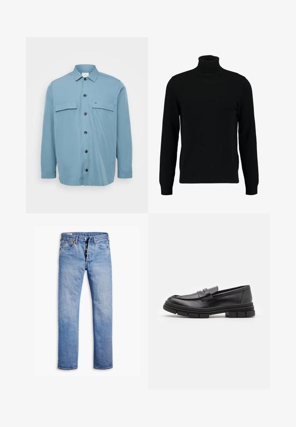 Lys blå skjorte med knapp opp, to brystlommer, svarte knapper og en glatt tekstur. Har krage og lange ermer.; Svart høyhalset genser laget av et mykt strikkemateriale. Har lange ermer, ribbestrikket krage og hem. Enkel, elegant design uten mønstre.; Lys blå denimjeans med rett ben, fem-knaps lukking, beltesløyfer og subtil falming. Har to frontlommer og kobbernitter.; Sorte skinnloafers med en glatt overflate, med et frontreim-detalj og en kraftig gummisåle med rillete detaljer.