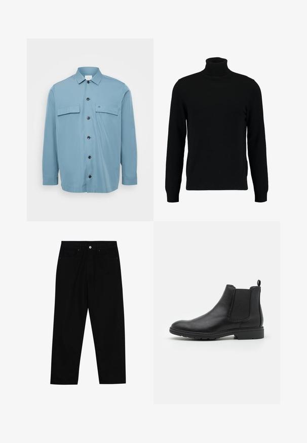 Lys blå skjorte med knapp opp, to brystlommer, svarte knapper og en glatt tekstur. Har krage og lange ermer.; Svart høyhalset genser laget av et mykt strikkemateriale. Har lange ermer, ribbestrikket krage og hem. Enkel, elegant design uten mønstre.; Sorte denimbukser med rett benklipp, fem-lomme design og frontknappåpning. Jevn tekstur med minimale sømdetaljer.; Sorte skinn Chelsea-støvler med elastiske sidepaneler og en pull-tab, med en avrundet tå og teksturert gummisåle.