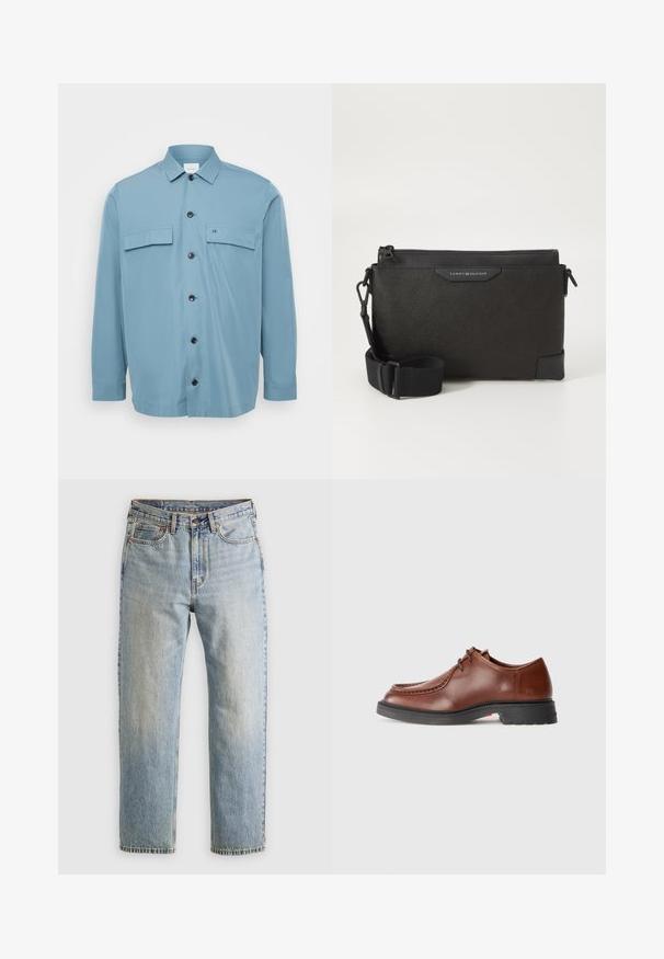 Camicia azzurra chiara con due taschini sul petto, bottoni neri e una texture liscia. Presenta un colletto e maniche lunghe.; Camicia a maniche lunghe bordeaux in cotone, con colletto button-down, chiusura frontale con bottoni e un piccolo logo sul petto.; Jeans in denim azzurro chiaro con vita alta, bottone anteriore, cerniera e design a cinque tasche, adagiati su uno sfondo neutro.; Scarpa da dress in pelle marrone con punta rotonda, cuciture a contrasto, design con lacci e suola in gomma nera texture.; Borsa a tracolla in pelle nera con finitura testurizzata, dotata di chiusura a zip e tracolla regolabile. Fodera con logo sul davanti. Forma rettangolare.