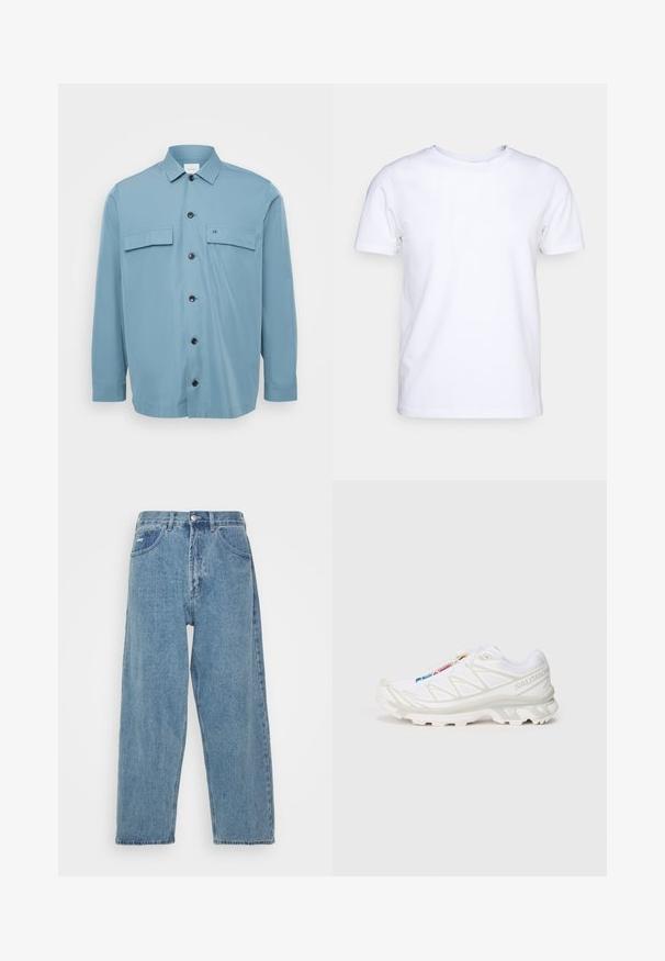 Lys blå skjorte med knapp opp, to brystlommer, svarte knapper og en glatt tekstur. Har krage og lange ermer.; Hvit t-skjorte med korte ermer i bomull med rund hals. Enkelt design uten mønstre eller accenter. Glatt tekstur.; Lyseblå denimjeans med høy midje, avslappet passform, med to frontlommer, en baklomme og knappestengning.; Hvite joggesko med teksturert mesh-overdel, reflekterende detaljer og dempet såle. Merkbar merkevarelogo på siden.