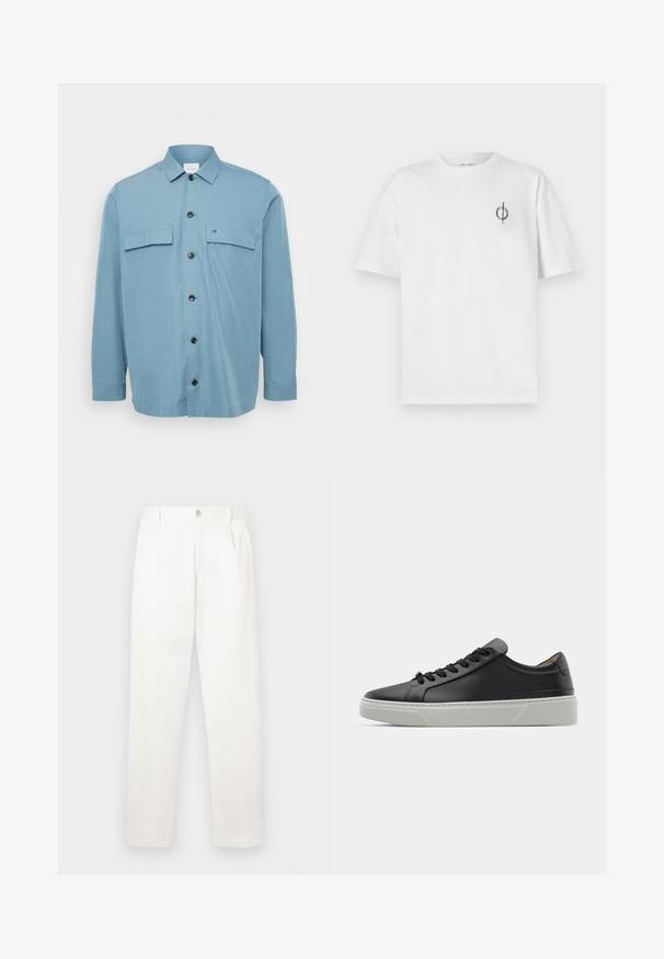 Lyseblå skjorte med knapper og to brystlommer, sorte knapper og en glat tekstur. Har en krave og lange ærmer.; Hvid bomulds t-shirt med en afslappet pasform, der har et lille sort grafisk logo på venstre brystområde. Korte ærmer, rund halsstil.; Hvide bukser lavet af glat stof, med en lige ben design, forpleater og en enkelt knap lukning i taljen.; Sort lædersneaker med en glat overflade, rund tå og sorte snørebånd. Har en tykk, hvid gummisål med subtile geometriske detaljer.