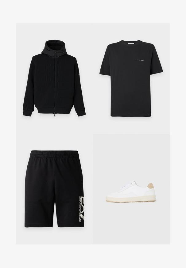 Sweatshirt preto com fecho zip, texturizado com canelado, capuz liso e cordão. Apresenta mangas longas e punhos elásticos. Fecho frontal com zipper.; Camisa de algodão preta com decote redondo, mangas curtas e um pequeno logo branco "TIGER OF SWEDEN" no peito. Corte clássico.; EA7 Emporio Armani TRAIN VISIBILITY  - Calções - black/cream; Sapatilhas brancas de cano baixo com parte superior em couro texturizado, sola cream estriada e detalhe em tan no calcanhar. Apresenta atacadores brancos e detalhe do logótipo no calcanhar.