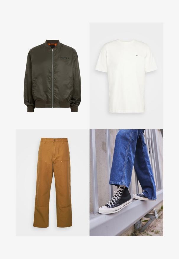 Olivengrønt bomberjakke med lynlås foran, ribbestrikkede manchetter og kant, samt broderet logo detalje. Fremstillet af glat, let væv.; Hvid bomulds T-shirt med rund halsudskæring, korte ærmer og et lille sort "W.W." logo på venstre bryst. Glat tekstur, almindelig pasform.; Brune bomuldsarbejdsbukser med lige ben-design, der har frontlommer og metalhardware detaljer for ekstra holdbarhed.; Sorte høj-top sneakers med hvid sål og snørebånd, parret med løse blå denimjeans, hvilende på et gråt gelænder.