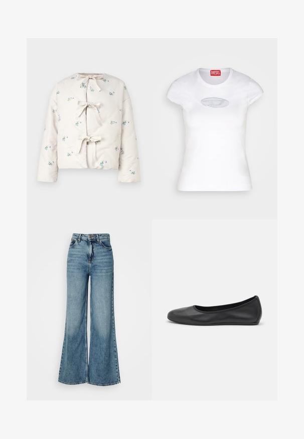 Sleeper UKIYO PUFFER JACKET - Bomber bunda - white; Bílá přiléhavá tričko z bavlny, s kulatým výstřihem a krátkými rukávy, s jemně modrým vyšitým logem na přední straně.; Světlé modré džíny s vysokým pasem a širokými nohavicemi, se předními kapsami a zapínáním na knoflík, zobrazené na bílém pozadí.; Černé kožené baletní byty s kulatou špičkou, hladkou texturou, minimálními švy a flexibilním designem podrážky.