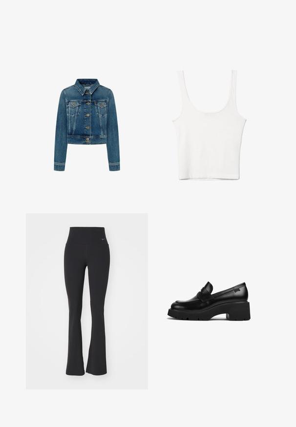 Zkrácená denimová bunda ve středně modré barvě s předním zapínáním na knoflíky, dvěma náprsními kapsami a klasickým límcem. Obsahuje zlaté akcenty knoflíků.; Bílý bavlněný top bez rukávů s kulatým výstřihem a přiléhavým střihem. Hladká textilie, jednoduchý design a minimální švy.; Černé legíny na jogu s vysokým pasem, vyrobené z elastické látky. Mají rozšířený design a malé logo Nike na pasu.; Černý kožený mokasín s robustním podpatkem a silnou podrážkou, s páskovým detailem přes horní část, zobrazený z boku na bílém pozadí.