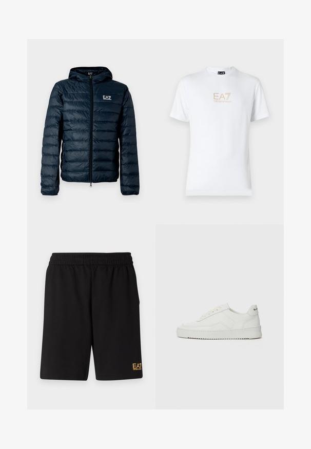 Tmavomodrá prešívaná páperová bunda s kapucňou, predným zipsom a logom EA7 na hrudi. Má hladkú, lesklú textúru a elastické manžety.; Biela bavlnená tričko s okrúhlym výstrihom a krátkymi rukávmi, na prednej strane s potlačou zlatého loga EA7 Emporio Armani.; Čierne športové šortky vyrobené z jemného materiálu, s elastickým pásom a malým žltým logom EA7 na dolnej ľavej nohe.; Biele kožené tenisky s hladkým povrchom, okrúly špičkový dizajn, ploché šnúrky a textúrovaná podrážka. Obsahujú jemné logo na päte.