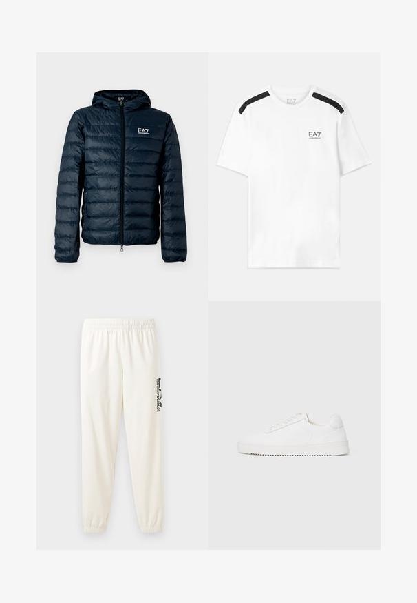 Jūras zilas krāsas apjomīga dūnu jaka ar kapuci, priekšpusē rāvējslēdzēju un EA7 logotipu krūtīs. Raksturo gluda, spīdīga virsma un elastīgas aproces.; Baila īsām piedurknēm T-krekls ar melnām akcentu svītrām uz pleciem. Uz krūšu daļas ir neliels melns logo. Izgatavots no mīkstas, gludas auduma.; Gai bēšas sporta bikses ar elastīgu jostu un elastīgām aprocēm. Kreisajā kājā ir melns iegravēts logo. Mīksta auduma tekstūra.; Baltas sporta apavi ar gludu ādas virsu, noapaļotu purngalu, auklām, teksturētām sānu akcentiem un biezu gumijas zoli. Minimālists dizains.