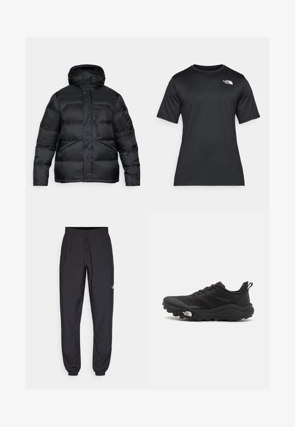 Svart pufferjakke med hette, med et quiltet design, horisontal søm og glidelås foran. Glatt stofftekstur. Ingen synlige logoer.; Svart t-skjorte med korte ermer laget av lett, fukttransporterende stoff. Har en hvit logo på venstre bryst og rund hals.; Sorte idrettsbukser laget av lett stoff, med snor i livet, sidelommer og smale mansjetter ved anklene.; Svart terrengløpesko med teksturert overdel, gummisåle og forsterket tåhette. Har polstret krage og løftestropp for enkel påkledning.