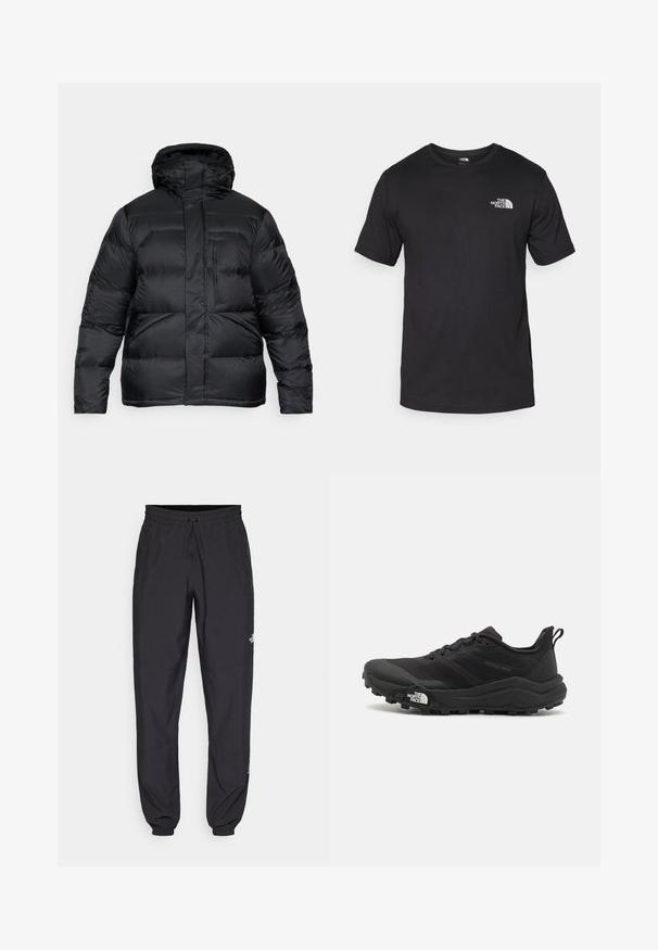 Črni pufferski plašč s kapuco, ki ima prešito zasnovo, horizontalne šive in zadrgo spredaj. Gladka tekstura tkanine. Brez vidnih logotipov.; Črna kratko sleeved majica iz bombaža, s krožnim izrezom in majhnim belim logotipom na zgornjem levem delu prsnega koša.; Črne atletske hlače iz lahkega materiala, ki imajo elastični pas z vezalko, stranske žepe in zožene manšete na gležnjih.; Črne tekaške čevlje za trail s teksturirano zgornjega dela, gumijastim podplatom in ojačanim zaključkom prstov. Vključuje oblazinjen ovratnik in zanko za enostavno obuvanje.