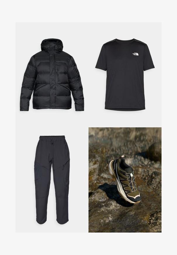 Juodas pūkinis džemperis su kapišonu, pasižymintis siuvinėta konstrukcija, horizontaliomis siūlėmis ir užtrauktuku priekyje. Lygi audinio tekstūra. Nėra matomų logotipų.; Juodas trumpas rankovės marškinėliai, pagaminti iš lengvos medžiagos. Yra mažas baltas logotipas kairiajame krūtinės pusėje ir subtilūs pečių akcentai.; Juodos krovinių kelnės, pagamintos iš lengvos, vandeniui atsparios medžiagos; turi elastingą juosmenį, kelis užtrauktukais uždaromus kišenes ir siaurėjančius šonus.; Žygio batai olivų žalios ir juodos spalvos su rožiniais akcentais. Turi tekstūruotą viršutinę dalį, lankstų pado tipą, sustiprintą pirštų dalį ir spalvingą raištelių sistemą.