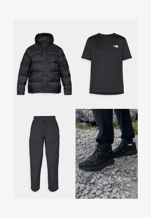 Crna puf jakna s kapuljačom, s prešanim dizajnom, horizontalnim šavovima i zatvaračem sprijeda. Glatka tekstura tkanine. Nema vidljivih logotipa.; Crna majica kratkih rukava izrađena od lagane tkanine. Ima mali bijeli logo na lijevoj strani grudi i suptilne naglaske na ramenima.; Crne cargo hlače izrađene od laganog, vodootpornog materijala; imaju elastičnu utakmicu u struku, više munje na džepovima i sužene nogavice.; Crne vanjske cipele s mrežastim i sintetičkim materijalom, s teksturiranim gornjim dijelom, osiguranim sustavom vezanja i čvrstim potplatom, na stjenovitom terenu.