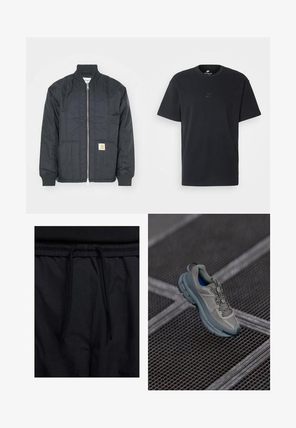 Melnā pīto jaka ar rāvējslēdzēju priekšā, ribotām aprocēm un stāvošu apkakli. Satur divas sānu kabatas un mazu logo piedurkni uz kabatas.; Nike melns kokvilnas T-krekls ar klasisku piegriezumu, īsām piedurknēm un smalku, reljefu logotipu uz krūškurvja. Gluda tekstūra.; Melni šorti ar sašūtu jostu, viegls audums ar gludu tekstūru un vienkāršs dizains bez redzamiem logotipiem vai paraugiem.; Bežīgas un pelēkas sporta kurpes ar teksturētu sieta augšdaļu, noapaļotu purngalu un gumijas zoli, satur šņores un mīkstinātu apkakli.