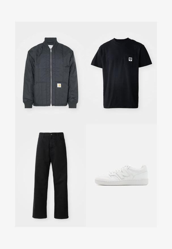 Sort quiltet jakke med lynlås i front, ribbede manchetter og stående krave. Har to sidelommer og et lille logo-patch på lommen.; Sort bomulds t-shirt med rund halsudskæring, korte ærmer og en lomme på venstre bryst med et hjerteformet logo i hvid.; Sorte denimbukser med lige snit, der har frontlommer, lynlås og en enkelt knap i toppen. Struktureret stof med en mat finish.; Hvide sneakers lavet af glat læder, med perforeret tå, en tekstureret gummisål, flade snørebånd og et fremtrædende 'N' logo på siden.