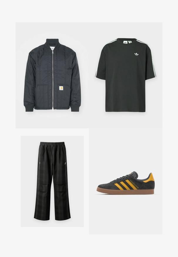 Fekete steppelt dzseki cipzáros elülső résszel, bordázott mandzsettákkal és állógallérral. Két oldalsó zsebbel rendelkezik, és egy kis logó címke található a zseben.; Fekete pamutpóló rövid ujjakkal, kerek nyakkivágással és fehér háromcsíkos mintázattal a vállakon. A mellrészen kis fehér logó található.; Fekete kockás nadrág, rugalmas derékkal, két elülső zsebbel és laza, egyenes szárú fazonnal. Könnyű anyagból készült.; Fekete velúrbőr sportcipő sárga díszítéssel, három csíkkal és barna gumitalppal. Párnázott nyelvével a kényelem érdekében.