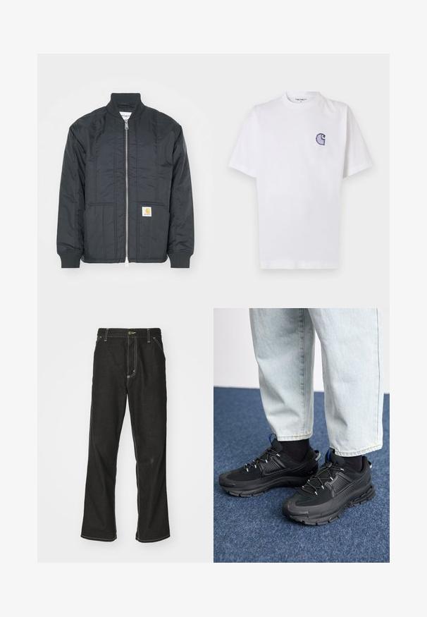 Black quilted jacket with a zip front, ribbed cuffs, and a stand collar. Features two side pockets and a small logo patch on the pocket.; White cotton t-shirt with short sleeves, round neckline, and a small, embroidered blue "C" logo on the left chest area.; Black denim jeans with a loose fit, featuring contrasting white stitching, a button closure, and a straight leg design.; Black athletic shoes with textured fabric and rubber soles, featuring elastic laces and a blue accent on the heel. Worn with light denim pants.