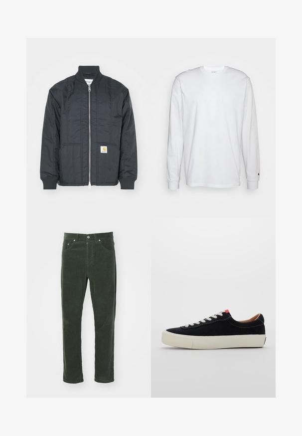 Sort quiltet jakke med lynlås i front, ribbede manchetter og stående krave. Har to sidelommer og et lille logo-patch på lommen.; Hvid langærmet T-shirt lavet af bomuld. Rund halsudskæring med ribbede manchetter og et lille logo på venstre ærme. Glat tekstur.; Grønne fløjlsbukser med lige ben-design, som har fem lommer, metal knaplukning og tekstureret ribbet overflade.; Sort stof sneaker med hvide snørebånd, beige gummisål og rød accent ved hælen. Rundt tåparti og minimal syning.