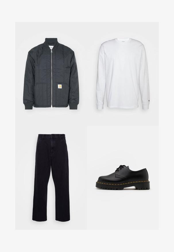 Sort quiltet jakke med lynlås i front, ribbede manchetter og stående krave. Har to sidelommer og et lille logo-patch på lommen.; Hvid langærmet T-shirt lavet af bomuld. Rund halsudskæring med ribbede manchetter og et lille logo på venstre ærme. Glat tekstur.; Sorte denimbukser med lige ben, der har en knap- og lynlåslukning, bæltestropper og minimale syninger.; Sort læder snøresko med en rund tå, tekstureret gummisål og gule stikninger omkring bunden. Flad design og glat finish.