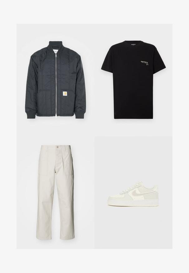 Sort quiltet jakke med lynlås i front, ribbede manchetter og stående krave. Har to sidelommer og et lille logo-patch på lommen.; Sort bomulds T-shirt med korte ærmer, rund halsudskæring og et lille hvidt logo trykt på venstre bryst.; Lysebeige brede bukser lavet af bomuld. Har forlommer og en knaplukning. Glat tekstur med subtile lodrette linjer.; Hvide Nike Air Force 1 sneakers med en glat læderoverdel, lysegrå accenter, perforeringer på tåen og en struktureret gummisål.