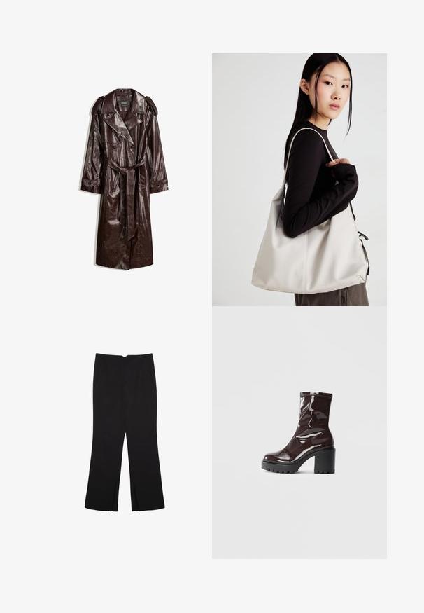 Brązowy płaszcz trench z sztucznej skóry o podwójnym zapięciu, z naramiennikami, paskiem w talii i teksturowanym wykończeniem.; Czarna bawełniana koszulka z luźnym krojem, krótkimi rękawami, okrągłym dekoltem i gładką fakturą. Bez widocznych wzorów ani akcentów.; Czarne spodnie o prostym kroju, z przednimi kieszeniami i bocznymi rozcięciami na dole. Wykonane z miękkiego, gładkiego materiału. Odpowiednie na różne okazje.; Błyszczące bordowe botki za kostkę z masywną czarną obcasem, charakteryzujące się gładką teksturą i prostym wzornictwem. Brak widocznych zapięć lub wzorów.; Beżowa torebka wykonana z miękkiego materiału, charakteryzująca się luźnym fasonem, wyszywanymi detalami i dwoma uchwytami na ramię. Idealna na co dzień.