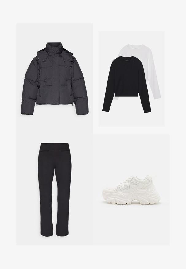 ONLY Play ONPHOPE SHORT JACKET - Giacca invernale - phantom; Due camicie a maniche lunghe: una nera e una bianca. Entrambe presentano un col a girocollo, maniche raglan e un morbido tessuto in misto cotone.; Leggings neri realizzati in un tessuto liscio ed elastico, con una cintura larga. Hanno gambe dritte e di lunghezza intera, senza motivi o accenti visibili.; Sneaker chunky bianchi con una parte superiore testurizzata, pannelli in mesh e suole di gomma spesse con un modello di battistrada prominente. Inclusi lacci e linguetta per il tallone.