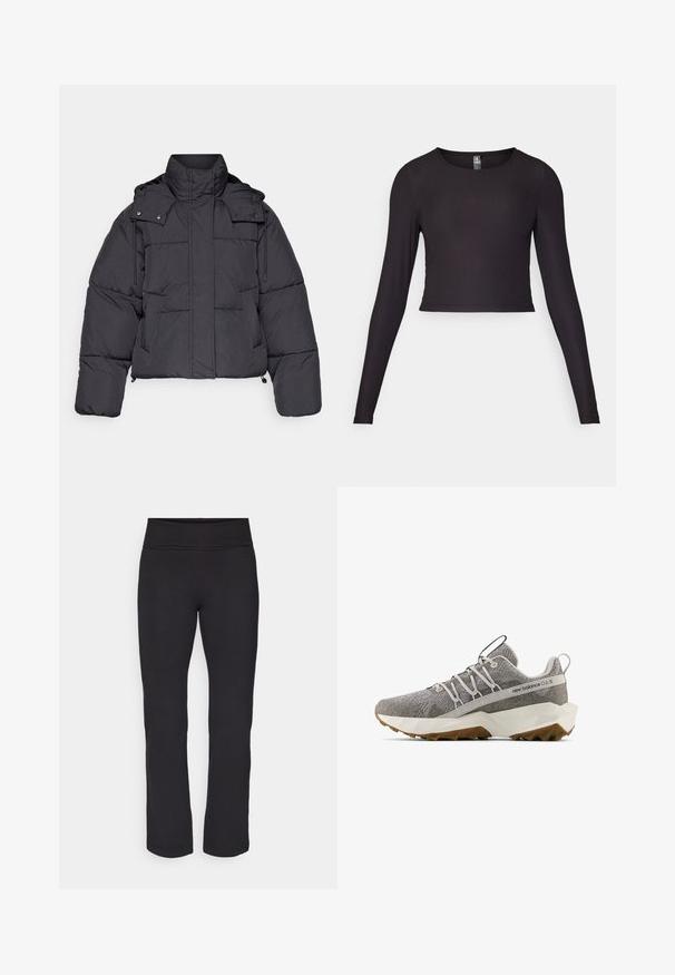 ONLY Play ONPHOPE SHORT JACKET - Talvitakki - phantom; Musta pitkähihainen lyhyt toppi ribbimateriaalista. Omaaa pyöreän pääntien ja tiukan siluetin, jossa on teksturoitu pinta.; Mustat legginsit, joissa on sileä, venyvä kangas ja leveä vyötärö. Ne ovat suoralahkeiset ja täysipituiset, eikä niissä ole näkyviä kuvioita tai koristeita.; Harmaa New Balance -lenkkari, jossa on teksturoitu neulepinta, valkoinen geometrinen pohja, ruskea pito, joustolaskos ja repunapit kielekkeessä ja kantapäässä.
