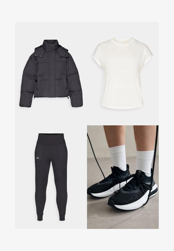 ONLY Play ONPHOPE SHORT JACKET - Vinterjakker - phantom; Hvid kortærmet t-shirt med et struktureret blomstermønster, rund halsudskæring og afslappet pasform. Fremstillet af blødt, letvægtsstof.; Sorte atletiske leggings lavet af strækbart materiale, med høj talje, sidelommer og tætsiddende manchetter ved anklerne.; Sorte sportssko med tekstureret stof, hvid sål og sorte snørebånd. Båret med hvide ribbede sokker, stående på en lys overflade.