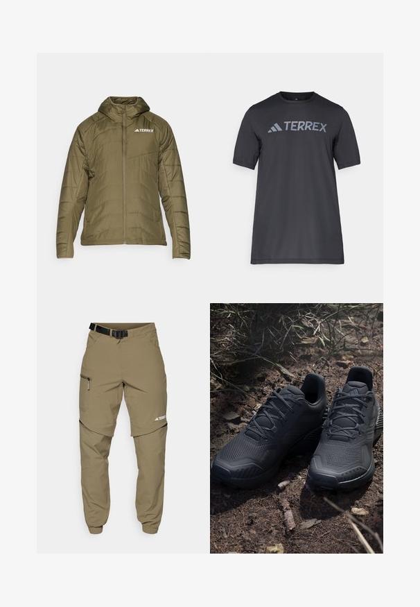 Olive green insulated jacket with a hood, featuring a zip front, quilted design, and white "TERREX" logo on the left chest.; Black short-sleeve t-shirt made of lightweight fabric, featuring a light gray “TERREX” logo across the chest and a crew neckline.; Khaki outdoor pants with a adjustable black belt, zippered pockets, tapered cuffs, and detachable lower legs for versatile styling.; Black athletic shoes with a textured knit upper, reinforced toe, and cushioned sole, displayed on earthy ground with scattered twigs.