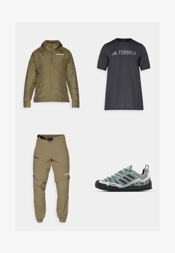 Maslinasto zelena izolirana jakna s kapuljačom, s patentnim zatvaračem sprijeda, kviltanim dizajnom i bijelim "TERREX" logotipom na lijevoj strani prsiju.; Crna majica kratkih rukava od lagane tkanine, koja ima svijetlosivu oznaku "TERREX" preko prsa i okrugli izrez.; Kaki vanjske hlače s podesivim crnim remenom, džepovima sa zipom, suženim manžetama i odvojivim donjim dijelovima za svestrano stiliziranje.; Sive čizme za penjanje s teksturiranim gornjim dijelom, crnim gumenim vrhom, tri tamne pruge i malim crvenim detaljem na potplatu.