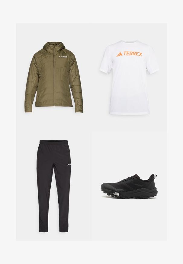 Giacca isolante verde oliva con cappuccio, dotata di chiusura zip, design trapuntato e logo bianco "TERREX" sul lato sinistro del petto.; Maglietta atletica a maniche corte di colore bianco, realizzata in materiale traspirante, con un logo arancione "TERREX" sul petto. Design semplice con linee pulite.; Pantaloni sportivi neri con vita elasticizzata, due tasche laterali con zip e un logo sulla parte superiore della gamba destra. Tessuto liscio e leggero.; Scarpa da trail running nera con tomaia texture, suola in gomma e punta rinforzata. Presenta un collare imbottito e un tassello per un indossamento facile.