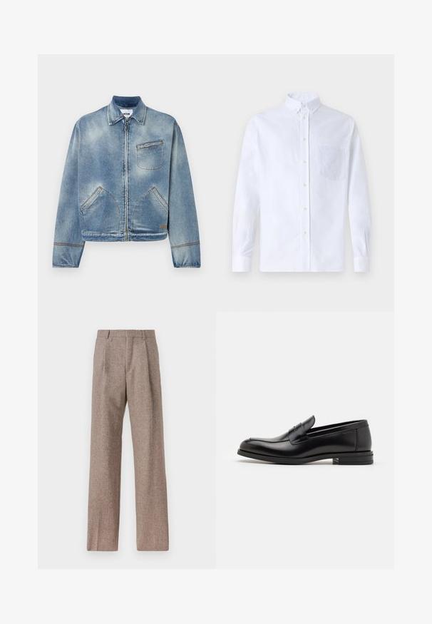 Heledsinine teksajakk, millel on esine zip, klassikaline krae, kaks küljetaskut ja üks rinnatasku. Kontrastsed õmblused.; Valge pikamaa varrukatega nööbiga särk, mis on valmistatud puuvillast ja millel on rinna tasku toon-toonis brodeeringuga, krae ja nööbiga mansetid.; Prunnid, kõrge vöökohaga püksid, mis on valmistatud tekstureeritud kangast. Omavad laiu jalgu ja kahte eesmist voldikut struktuuri jaoks. Korralik viimistlus, ilma nähtava riistvarata.; Mustad mustad nahast loafers sileda tekstuuriga, ümarat ninaosa ja dekoratiivne riba vampi üle. Madal kihiline konts, minimalistlik disain.