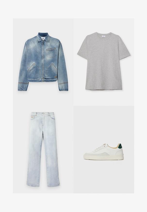 Šviesiai mėlynas džinsinis švarkas su priekiniais užtrauktukais, klasikine apykakle, dviem šoninėmis kišenėmis ir viena krūtine kišene. Išskirtinės siūlės detalės.; Pilkas trumpas rankovėmis marškinėliai, pagaminti iš minkštos, tekstūruotos medžiagos. Turi klasikinį apvalų kaklą ir tiesų apatinį kraštą, tinkamą kasdieniam dėvėjimui.; Šviesiai mėlynos džinsinės kelnės su tiesia kojų forma, pasižyminčios mygtuko uždarymu, penkiais kišenėmis ir kontrastine siūle.; Baltos sportbačiai su zomšos akcentais, apvaliu nosiu, plokščiais raišteliais ir kreminės spalvos guminiu padu. Ant kulno yra žalia ženklinimo detalė.