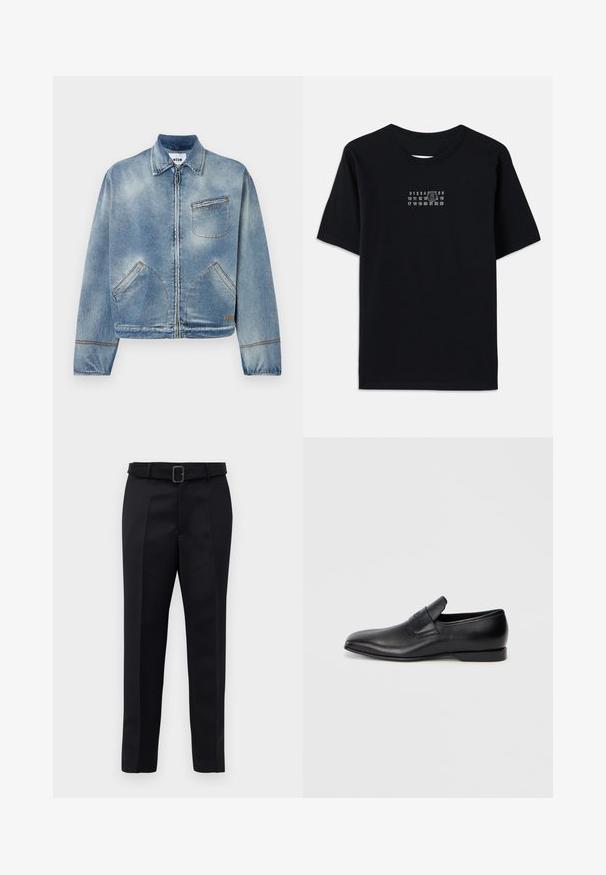 Jachetă din denim bleu deschis, cu fermoar frontal, guler clasic, două buzunare laterale și un singur buzunar pe piept. Detalii cu cusături contrastante.; Tricou negru din bumbac, cu mâneci scurte și gât rotund. Prezintă o imprimare numerică albă cu un '6' stilizat pe piept.; Pantalonii negri ajustați sunt fabricați dintr-un material neted, au croi drept și o talie încrustată cu o cataramă rectangulară. Pliseele frontale notabile îmbunătățesc designul.; Pantofii negri din piele, slip-on, cu vârf ascuțit, textură netedă și branding subtil pe lateral. Toc jos cu un design curat și minimal.