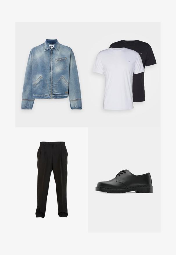 Šviesiai mėlynas džinsinis švarkas su priekiniais užtrauktukais, klasikine apykakle, dviem šoninėmis kišenėmis ir viena krūtine kišene. Išskirtinės siūlės detalės.; Du pfaldi medvilniniai marškiniai trumpomis rankovėmis, balti ir juodi, su apvaliais kaklais, turintys mažą logotipą ant krūtinės, glotnus paviršius.; Juodos kelnės su lygiu audiniu, turinčios priekines klostes, mygtukų juosmenį ir siaurėjančius kulkšnies audinius. Klasikinis pritaikytas siluetas.; Juodos odinės oksfordo bateliai su raištelių užsegimu, apvaliu pirštu, plokščiu guminiu padu ir subtiliu siuvimo akcentu viršuje.