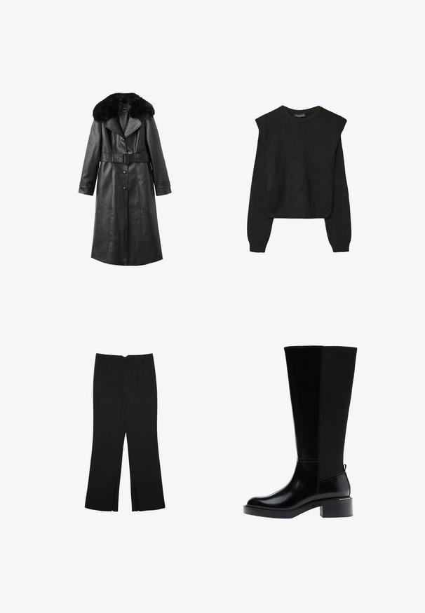 Crni kožnati kaput s velikim umjetnim krznom oko ovratnika, remenom u struku, zakopčavanjem na gumbe, dugim rukavima i vertikalnim šavovima.; Crna pletena dugoslojna majica sa podloženim ramenima i rebrastim manžetama i rubom, prikazana na bijeloj pozadini.; Crne hlače ravnog kroja, s prednjim džepovima i bočnim prorezima na rubu. Izrađene od mekog i glatkog materijala. Pogodne za razne prigode.; Crna čizma do koljena s glatkom kožnom završnom obradom, istaknutim šavovima, masivnom petom i teksturiranim stražnjim panelom za dodatni interes.