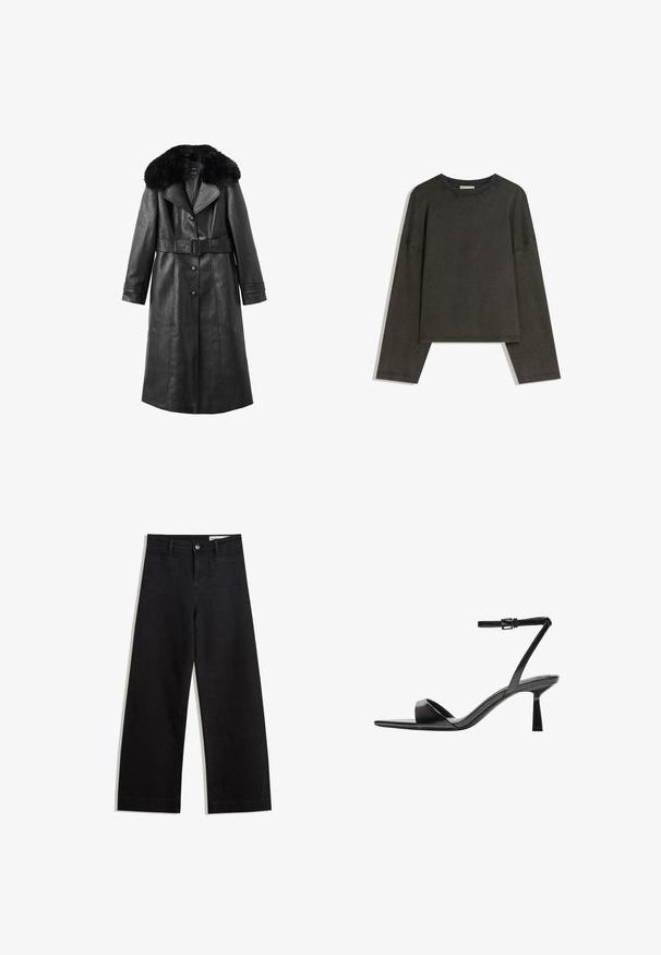 Palton din piele neagră cu o guler mare din blană sintetică, talie cu curea, închidere cu nasturi, mâneci lungi și detalii verticale cu cusături.; Tricou lung cu maneci gri închis, realizat dintr-un amestec de bumbac. Formă pătrată cu guler rotund și umeri căzuți, prezentând cusături vizibile.; Pantaloni din denim negri cu picioare largi, cu talie înaltă, având buzunare frontale și posterioare, cusături dublate și închidere cu nasture. Textură netedă.; Bershka Sandale cu toc - black