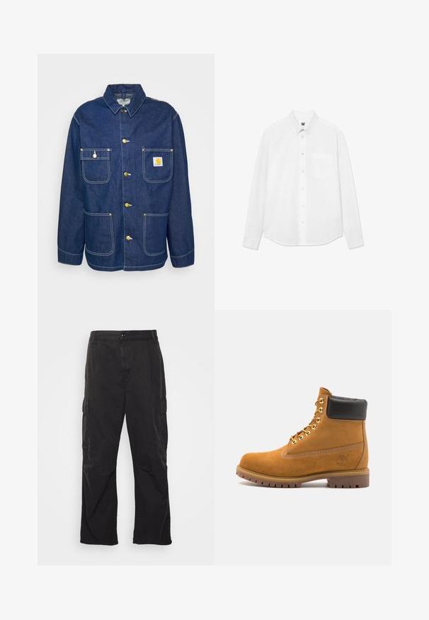 Džinsinis švarkas su auksiniais mygtukais, keturiais kišenėmis, mygtukų kilpa ir baltais siūlais. Tamsiai mėlyna medžiaga su tekstūruotu paviršiumi.; Balta ilgomis rankovėmis marškiniai su apykakle, priekinė kišenė ir subtili tekstūra. Priekinis užsegimas su mygtukais ir nedidele logotipo detale.; Juodi cargo džinsai su tiesiomis kojomis, su dviem šoninėmis kišenėmis, mygtuko uždarymu ir tekstūruotu audiniu.; Tan spalvą turintys suknelės batus iki kulkšnies su juodu paminkštintu apvadu, auksiniais metaliniais akių užsegimais, baltais siūlų dekoratyviniais elementais ir tvirtu guminiu padu su ryškiai išreikštais raštais.