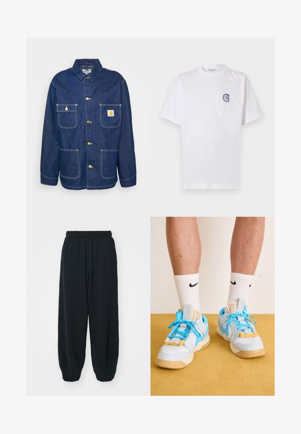 Denim jacket with gold buttons, four pockets, button-down collar, and white stitching. Deep blue fabric with a textured finish.; White cotton t-shirt with short sleeves, round neckline, and a small, embroidered blue "C" logo on the left chest area.; Black, elasticated-waist sweatpants with a loose fit, cuffed ankles, smooth texture, and no visible patterns or hardware accents.; Light blue sneakers with tan soles, featuring prominent turquoise laces and yellow accents. Textured materials and visible air cushioning.
