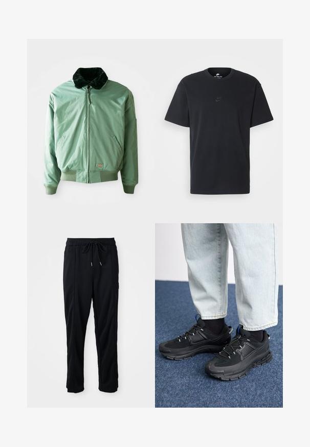 Jaqueta bomber verde com gola de pelo sintético preto, fecho com zip, punhos e cintura canelados, e bolsos laterais. Tecido liso e brilhante.; T-shirt de algodão preto da Nike com um clássico decote redondo, mangas curtas e um logótipo em relevo discreto no peito. Textura suave.; Calças casuais pretas com cordão na cintura, com bolsos laterais e corte reto, sobre um fundo simples.; Sapatilhas desportivas pretas com tecido texturizado e solas em borracha, apresentando atacadores elásticos e um detalhe azul no calcanhar. Usadas com calças de ganga claras.