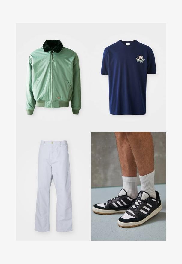 Chaqueta bomber verde con cuello de pelo sintético negro, cierre de cremallera, puños y cinturilla acanalados, y bolsillos laterales. Tejido suave y brillante.; Camiseta de algodón azul marino de manga corta, con cuello redondo y logo bordado con acentos de laurel en el lado izquierdo del pecho.; Pantalones rectos de color azul claro, confeccionados en algodón. Presentan un bolsillo frontal, una cremallera y un único botón de metal en la cintura.; Zapatillas en blanco y negro con parte superior de ante y cuero, que presentan tres franjas blancas, una puntera perforada y una suela de goma.