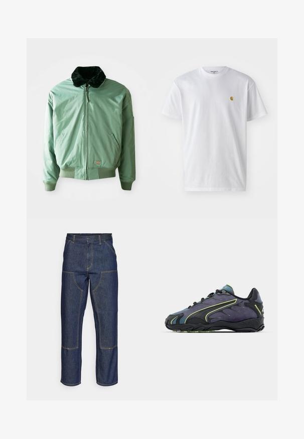 Jaqueta bomber verde com gola de pelo sintético preto, fecho com zip, punhos e cintura canelados, e bolsos laterais. Tecido liso e brilhante.; T-shirt branca de algodão com mangas curtas, decote redondo, apresentando um pequeno logótipo dourado na área do peito esquerdo. Textura macia e ajuste regular.; Jeans de ganga escura com uma cintura alta, design de perna reta, costuras em contraste e bolsos de remendo na frente.; Ténis atléticos pretos e roxos com um upper texturizado, linhas de destaque verdes e uma sola de borracha com um design ondulado. Fecho com atacadores.