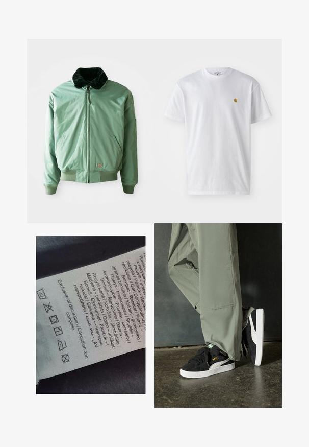 Zelen bomber jakna s črnim umetnim krznom na ovratniku, zadrgo, rebrastimi manšetami in pasom ter stranskimi žepi. Gladek, sijoč material.; Bela bombažna majica s kratkimi rokavi, krožnim ovratnikom, z majhnim zlatim logotipom na levem prsnem predelu. Mehka tekstura in običajen kroj.; Oznaka s večjezičnim besedilom, simboli za nego in ikonami za recikliranje, tiskana na mehkem tkaninskem materialu svetle barve.; Črne semšaste športne copate z belimi gumijastimi podplati in stranskimi črtami, v kombinaciji s svetlo zelenimi cargo hlačami, ki stojijo na teksturirani temni površini.