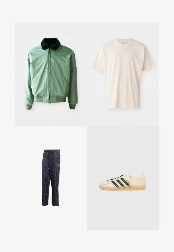 Zelena bomber jakna s crnim umjetnim krznom na ovratniku, patent zatvaračem, rebrastim manžetama i pojasom, te bočnim džepovima. Glatka, sjajna tkanina.; Kremasta pamučna majica s okruglim izrezom i kratkim rukavima; sadrži mali, svijetli logotip na prsima.; Crne sportske hlače s uzorkom leopard tiska, s bijelim dizajnom u tri pruga i logotipom sportske marke sa strane.; Svijetlosmeđi tenisice s crnim dizajnom tri pruga, teksturirana gornja strana, okrugli vrh i đon od gume. Ima vezice i brendiranje sa strane.
