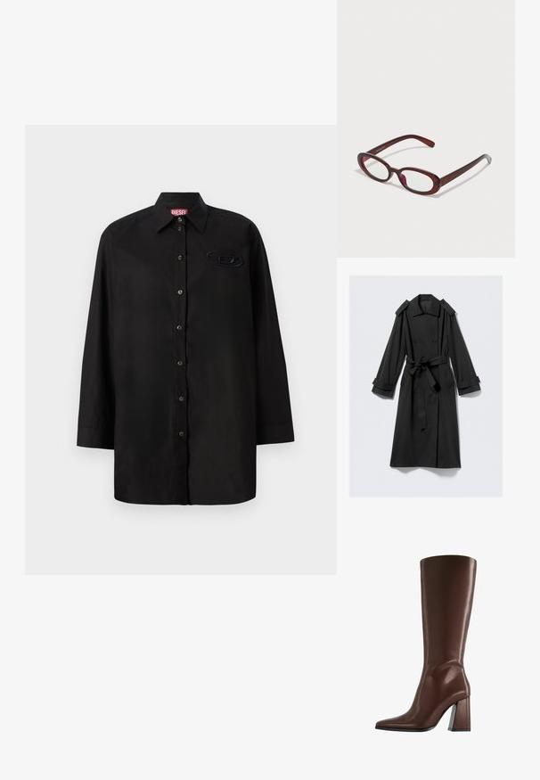 Schwarzer knöchellanger Trenchcoat aus glattem Stoff. Verfügt über eine doppelte Knopfreihe, breite Revers, Schulterklappen und einen Bindegürtel.; Schwarzes Langarmshirt aus glattem Stoff, mit durchgehender Knopfleiste, spitzem Kragen und einem tonal gehaltenen Logo-Patch auf der Brust.; Brauner kniehoher Lederstiefel mit spitzer Zehe und klobigem mittelhohem Absatz, Seitenansicht vor weißem Hintergrund.; Ovale rote Sonnenbrillen mit klaren Gläsern und schlanken braunen Fassungen. Das Design weist sanfte Kurven und minimalen Hardwareeinsatz auf.; Dunkelbraune, glänzende Ledertasche mit gerafft oben und dünnem, verstellbarem Tragegurt, ausgestattet mit einem kleinen silberfarbenen Verschlussdetail auf der Vorderseite.