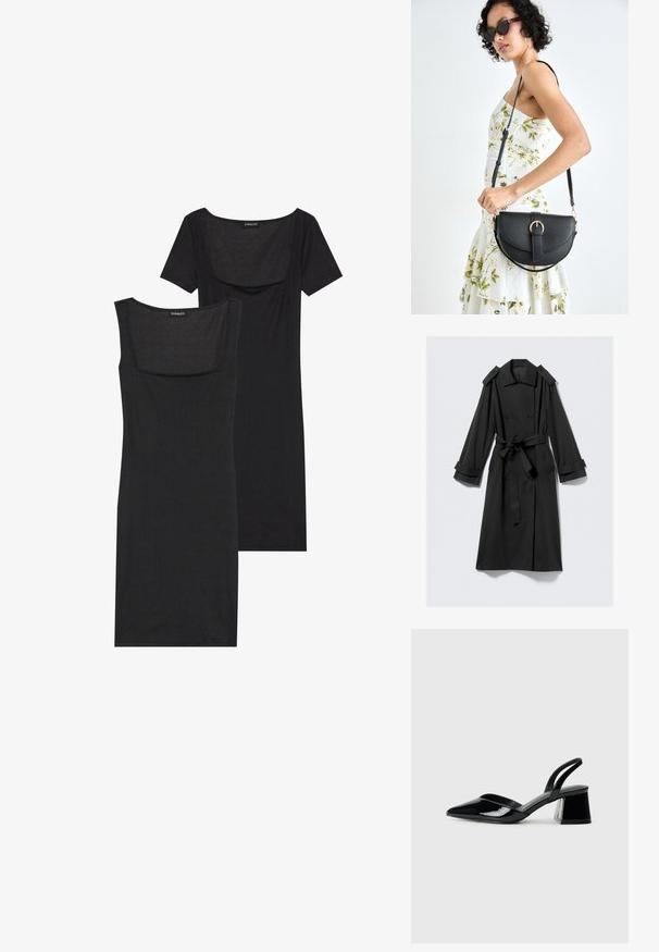 Manteau noir à longueur de cheville en tissu lisse. Il présente un avant à double boutonnage, de larges revers, des épaulettes et une ceinture à nouer.; Robe noire moulante à décolleté carré, à manches courtes et à texture côtelée. Deux variations : nuances de noir clair et noir plus profond sont présentées.; Escarpins en cuir verni noir avec bout pointu et talon bloc géométrique. Présente un design élégant et minimaliste ainsi qu'une texture lisse.; Sac à main en cuir noir avec une forme courbée, bandoulière amovible et des accessoires en or. Le sac est doté d'un rabat avec un détail de boucle.